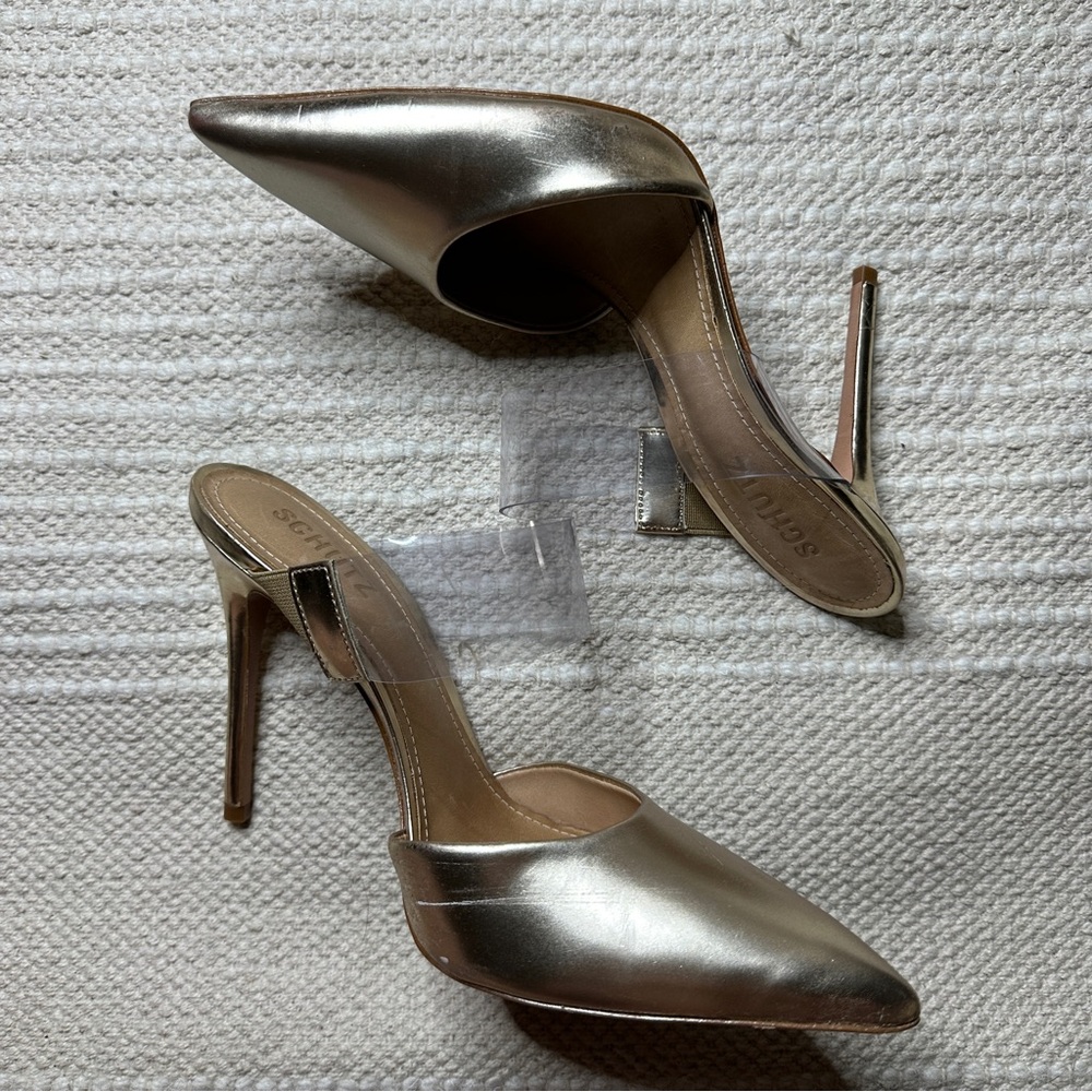 SCHUTZ gold and clear Sionne pointed toe heels 8.5 - Picture 7 of 9